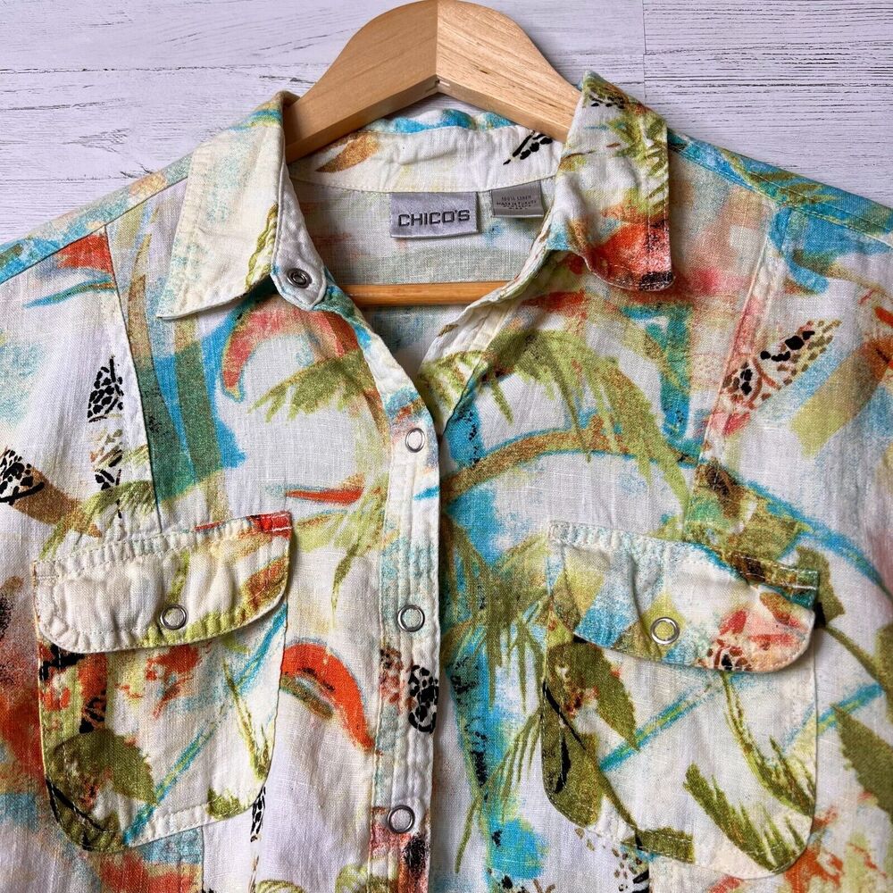 Chicos Shirt Size 1/M Tropical Paradise Print 100% Linen Snap Down Long Sleeve - Picture 8 of 16